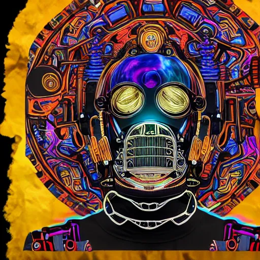 Image similar to mockup of a black tshirt with a hyperdetailed portrait of a trippy steam punk robot, 8 k, symetrical, flourescent colors, happy mood, multicolored,