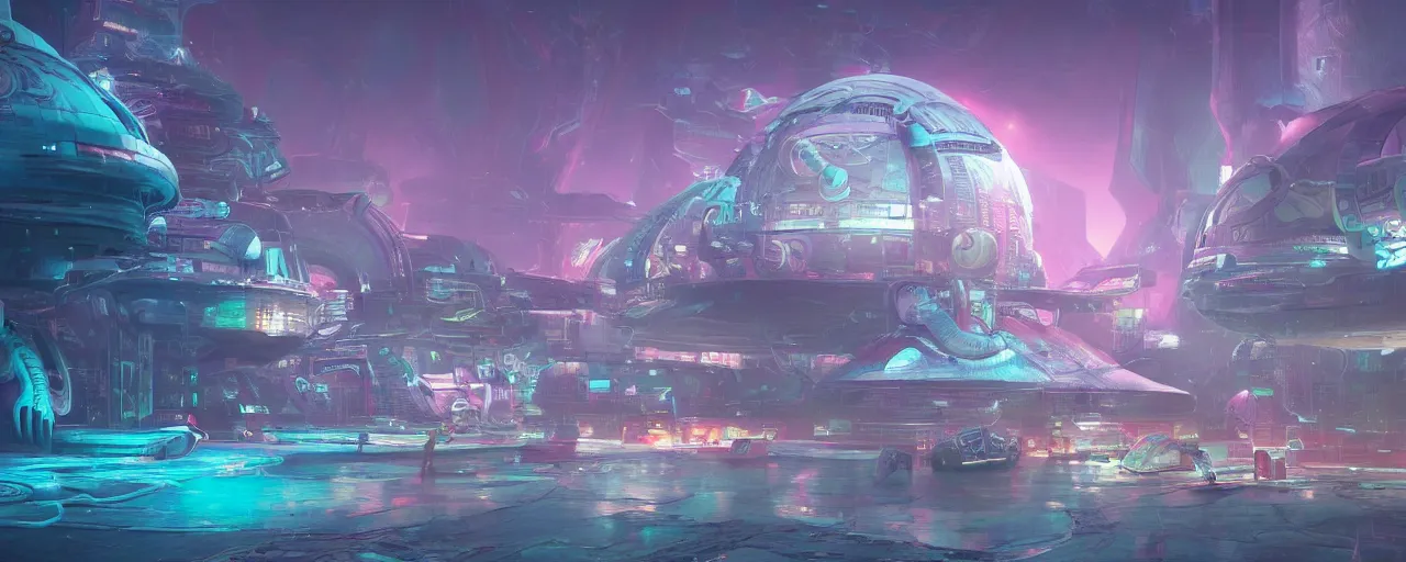 Image similar to detailed concept art illustration colorful pastel painting of a retro sci-fi alien spaceport in full intricate detail, ultra detailed, digital art, octane render, 4K, dystopian, micro details