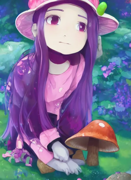 Image similar to a beautiful little girl wearing a mushroom hat sitting in her room petting a frog in her lap | | purple hair, pretty face, sharped details, in ryuuou no oshigoto art style, trending on pixiv