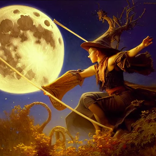 Image similar to witch flying with a broom, trough the night, fantasy, full moon in background. highly detailed painting by gaston bussiere, craig mullins, j. c. leyendecker 8 k