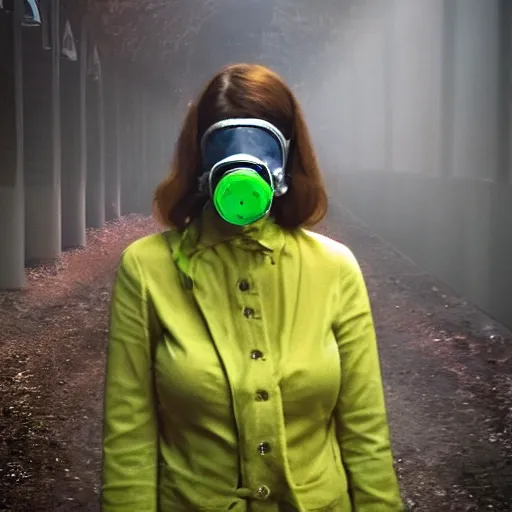 Image similar to i could see her luscious red lips visible through the translucent green gas mask as the yellow sulphur gas swirled around her.