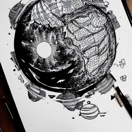 Image similar to black and white ink doodle illustration of a hippo sized planet, style by peter deligdisch, peterdraws