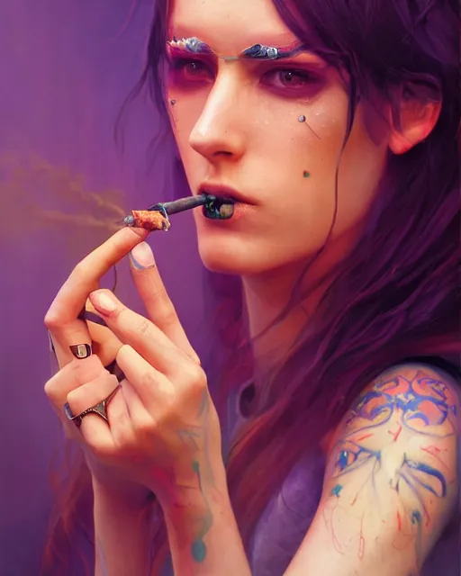 Prompt: portrait of a brunette cyberpunk hippie smoking a tobacco pipe | highly detailed | very intricate | symmetrical | professional model | cinematic lighting | award - winning | painted by mandy jurgens | pan futurism, dystopian, bold colors, cyberpunk, anime aesthestic | featured on artstation