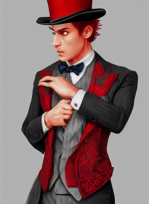 Image similar to a highly detailed illustration of stylish top hat wearing red haired attractive man, wearing suit vest, flashy card trick pose, intricate, elegant, highly detailed, centered, digital painting, artstation, concept art, smooth, sharp focus, league of legends concept art, WLOP