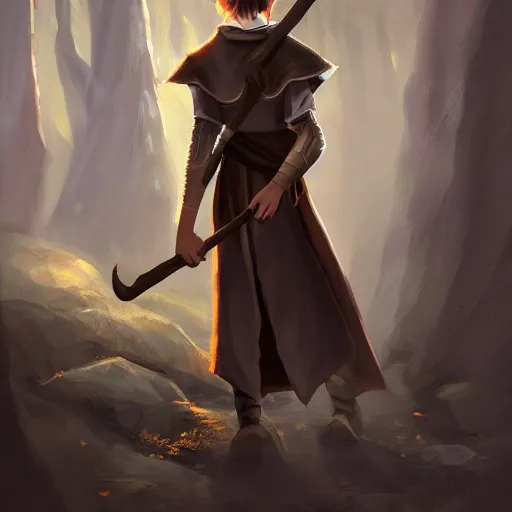 Image similar to An adolescent male half-elf wizard, focus on face, tall, slim, short brown hair, smiling, wizard robes, staff, sharp focus, highly detailed, photograph, still, cinematic, dynamic lighting, trending on artstation, digital painting, in the style of Chris Ostrowski