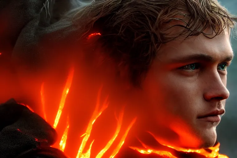 Image similar to an ultra realistic, cinematic, headshot portrait, of anakin skywalker, fire, facial features, background of a lava river, with rain and lightning, detailed, deep focus, movie still, dramatic lighting, ray tracing, by michal karcz and yoshitaka amano