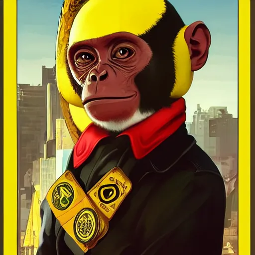 Image similar to [Monkey as president of Banana as GTA character, propaganda!, closeup, D&D, intricate, elegant, highly detailed, digital painting, artstation, concept art, matte, sharp focus, illustration, art by Artgerm and Greg Rutkowski and Alphonse Mucha and Enki Bilal]