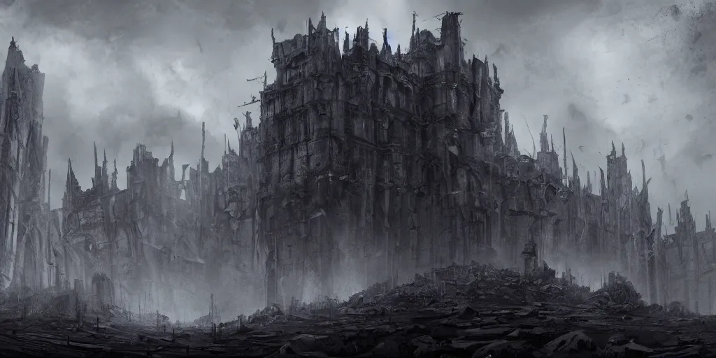 Image similar to grimdark fantasy fortress, ruined, terrifying architecture, looming, dark, fog, dark souls, artstation