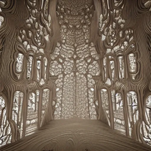 Prompt: beautiful 3 d render of a massive mandelbrot fractal cathedral interior carved out of ivory and populated entirely by mandelbrot fractals, carved ivory, carved soap, carved stone, white color scheme, opalescent, hyperrealistic, unreal engine, catholicpunk, angelic, fractals, photorealism