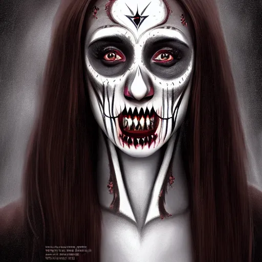 Prompt: gorgeous female Stella Maeve vampire sharp teeth open mouth skull face paint in a Mexican dress, realistic character concept, medium shot, elegant pose, horror, illustration, slender symmetrical face and body, symmetrical eyes, artstation, cinematic lighting, hyperdetailed, cgsociety, 8k, high resolution, Tom Bagshaw, Rafael Albuquerque, single face, insanely detailed and intricate, beautiful, elegant, dark blue background, vfx, postprocessing