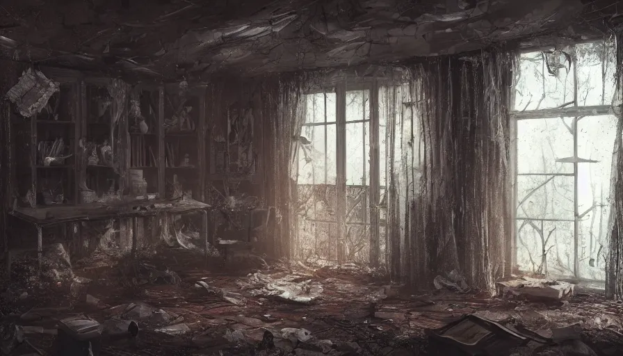 Image similar to interior of an old bloody cabin, cobwebs and dust, forest, broken windows, bloody curtains, hyperdetailed, artstation, cgsociety, 8 k