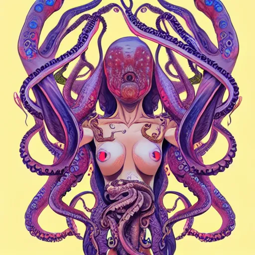 Image similar to alien goddess with body of octopus, extremely detailed, sharp focus, wide view, full body shot, smooth, digital illustration, by james jean, by rossdraws, frank franzzeta, sakimichan