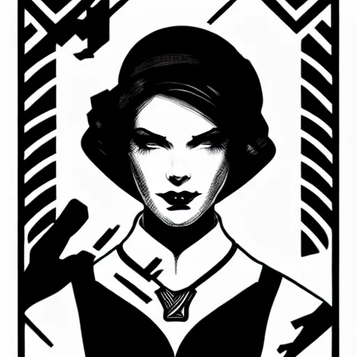 Image similar to black and white silhouette feminine woman portrait - hunter, logo, ink drawing, art by jc leyendecker and sachin teng