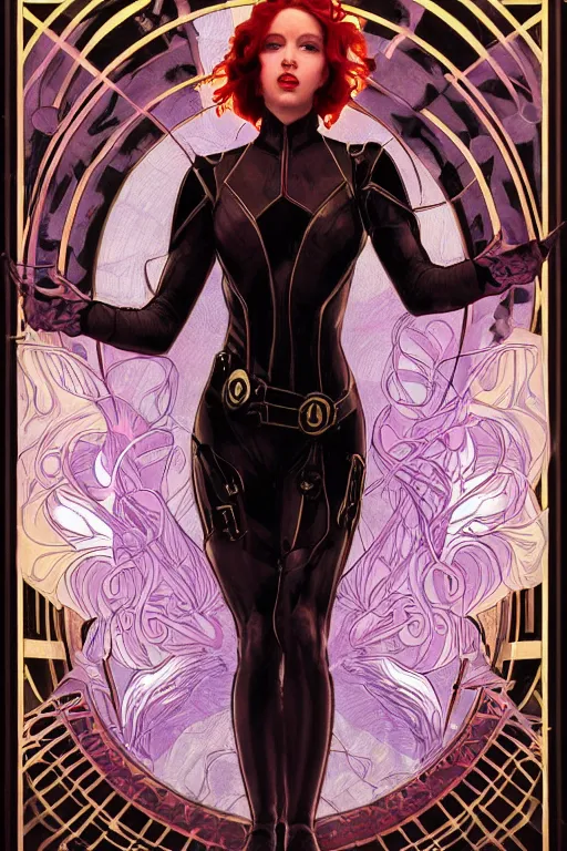 Image similar to a dramatic ethereal epic painting of Black Widow | tarot card, art deco, art nouveau, realistic | dramatic lighting | by Dresden Codak, by Mark Maggiori and Alphonse Mucha | trending on artstation