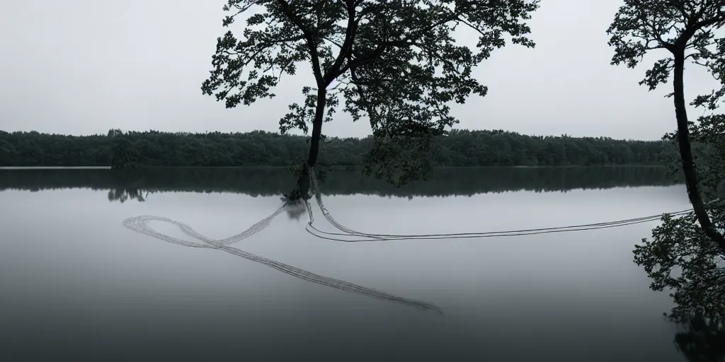 Image similar to infinitely long rope zig zagging across the surface of the water into the distance, floating submerged rope stretching out towards the center of the lake, a dark lake on a cloudy day, moody scene, trees in the background, hyper - detailed photograph, 4 k anamorphic lens