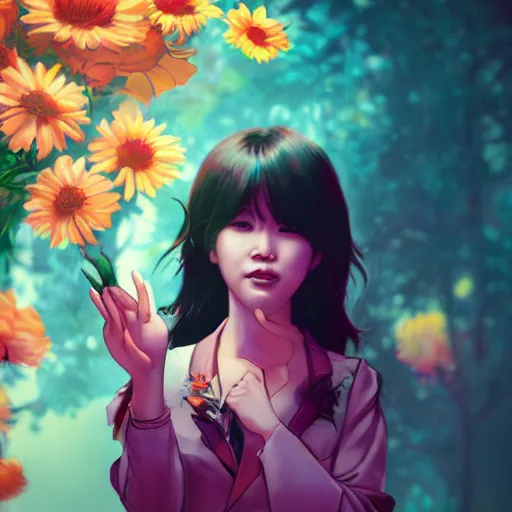 Image similar to portrait of sunny from kpop, smiling with flowers in hands. sharp focus, cinematic pose, cinematic lighting, unreal engine render. art by josan gonzales and moebius and deathburger.