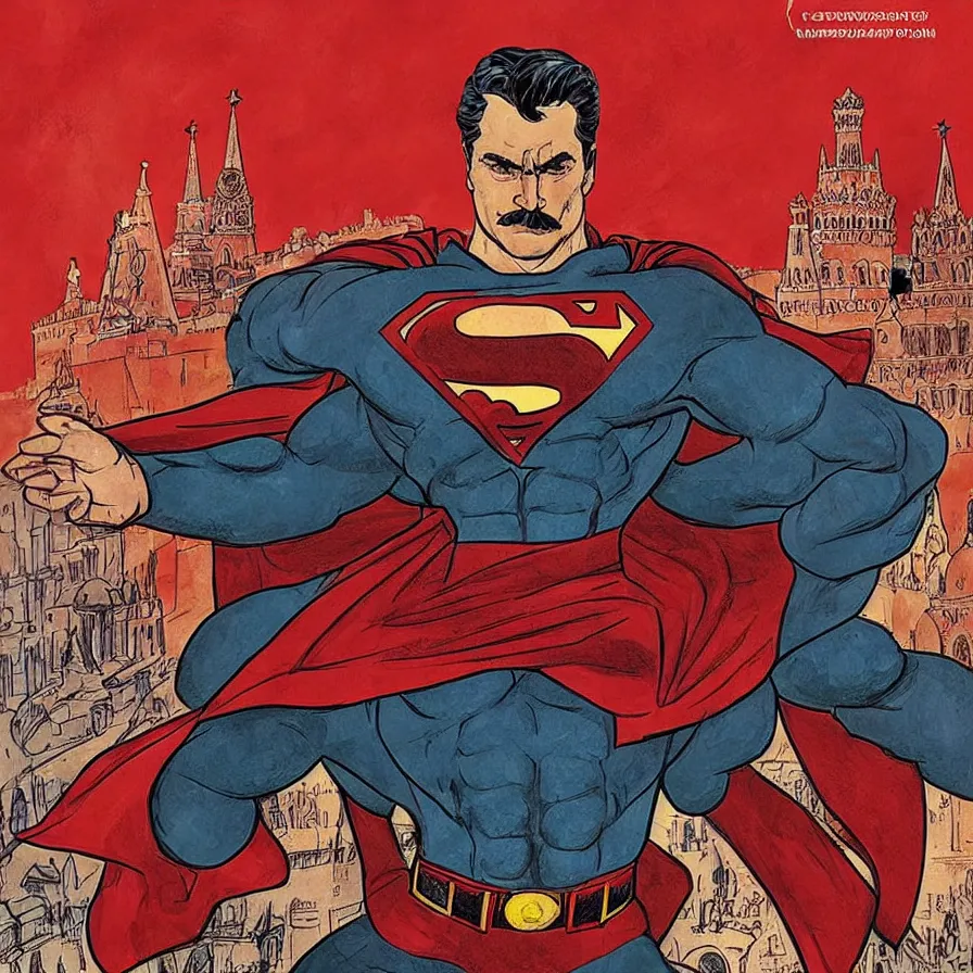 Image similar to epic comic book cover of stalin as superman floating over the red square ( moscow ), socialist realism, aesthetically pleasing, finely detailed facial features, hyperrealistic, intricate digital art, trending artstation, artgem, rich moody colors, fan art, concept art, in the style of the red son, by cory walker and ryan ottley