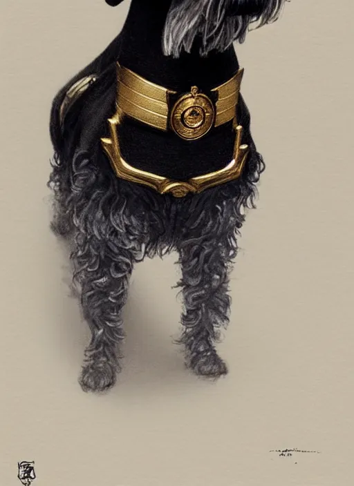 Image similar to portrait of stoic looking miniature schnauzer, military uniform, black fir, white eyebrows, fantasy, intricate, elegant, highly detailed, centered, dark, smokey, digital painting, artstation, concept art, smooth, sharp focus, illustration, art by artgerm and greg rutkowski and alphonse mucha