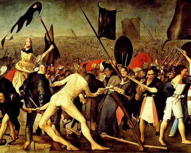 Image similar to Liberty Leading The People By Eugène Delacroix painting by Hieronymus Bosch