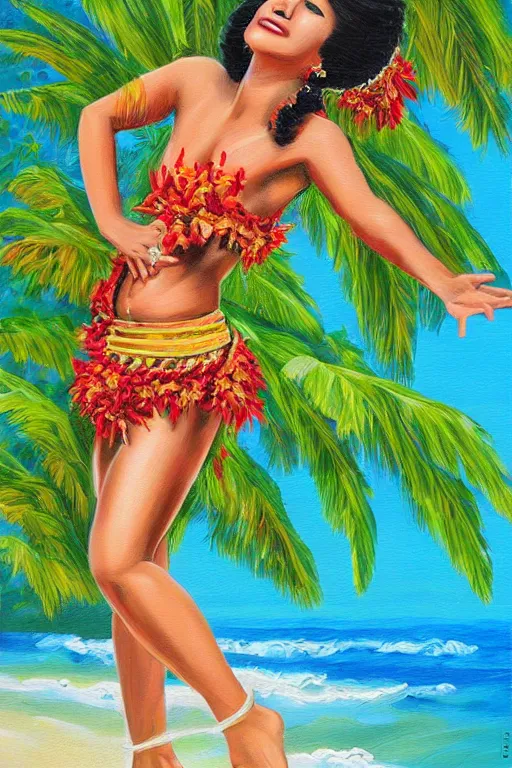 Authentic Acrylic Painting Of Hawaiian Hula Dancer, 