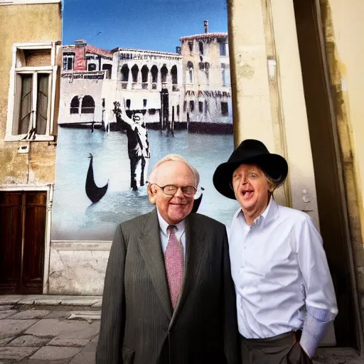 Image similar to A photograph of a Banksy painting of Warren Buffet and Paul McCartney in Venice