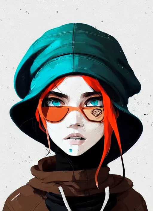 Image similar to highly detailed portrait of a sewer punk lady student, blue eyes, leather hoodie, hat, white hair by atey ghailan, by greg tocchini, by james gilleard, by kaethe butcher, gradient orange, black, brown and cyan color scheme, grunge aesthetic!!! ( ( graffiti tag wall background ) )