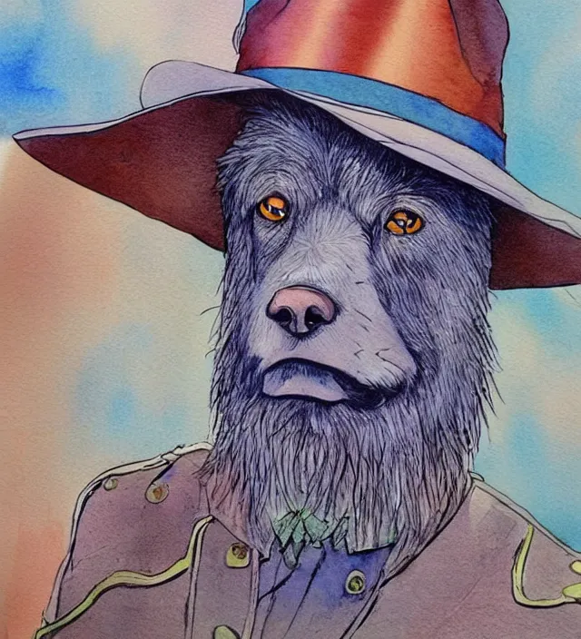 Image similar to a watercolor ink painting of an anthropomorphic dog wizard / sheriff in the style of jean giraud in the style of moebius trending on artstation deviantart pinterest detailed realistic hd 8 k high resolution