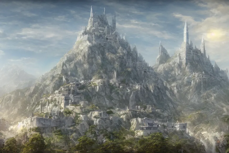 Prompt: rendering of minas tirith, makoto shinkai and thomas kinkade, fantasy matte painting, trending on cgsociety and unreal engine, light effect, highly detailed, super wide angle