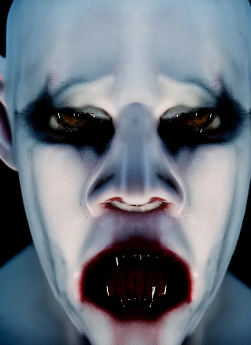 Prompt: vampire nosferatu, pale blue skin, portrait, extreme close up, photograph by elisabeth gadd, ultra detailed, realistic, dark, dramatic light, backlit