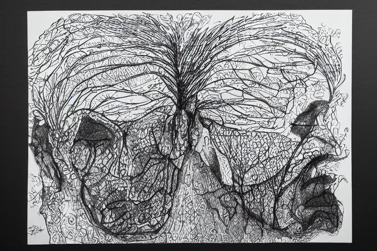 Prompt: depiction of alzheimer on black paper by laura footes, pen and paper, ink sketch, intricate, hyper detailed