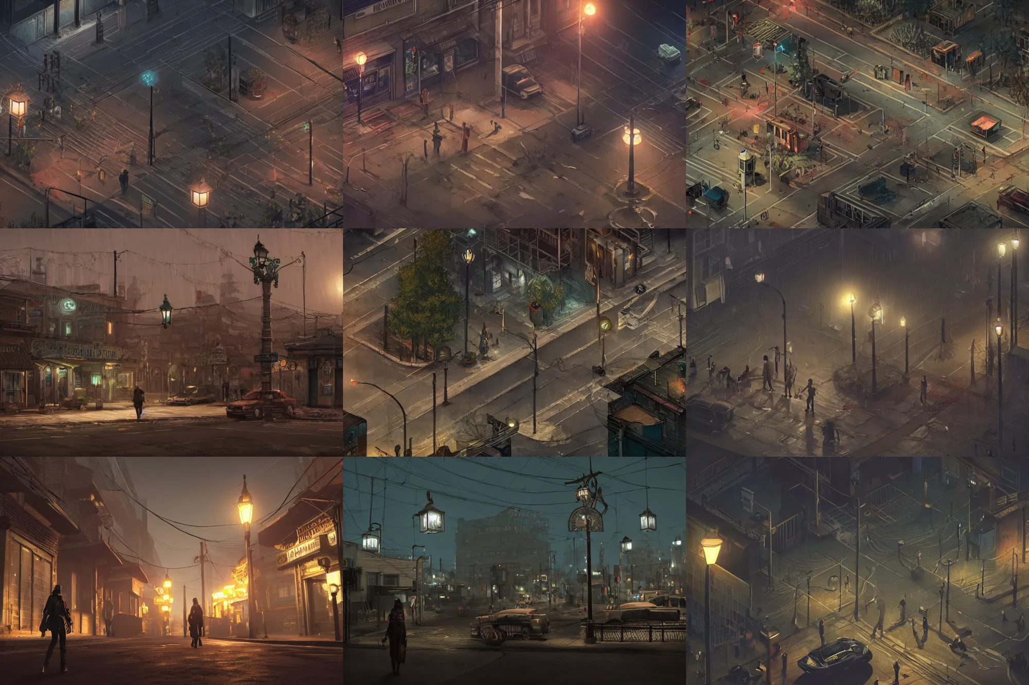 Image similar to style : disco elysium. composition : long shot, waist level ; low angle. key words : digital art ; detailed ; 4 k. scenery : a gothic harbor city with blood on the streets. subject : none ; the streets are empty. details : at night ; lanterns in the streets.