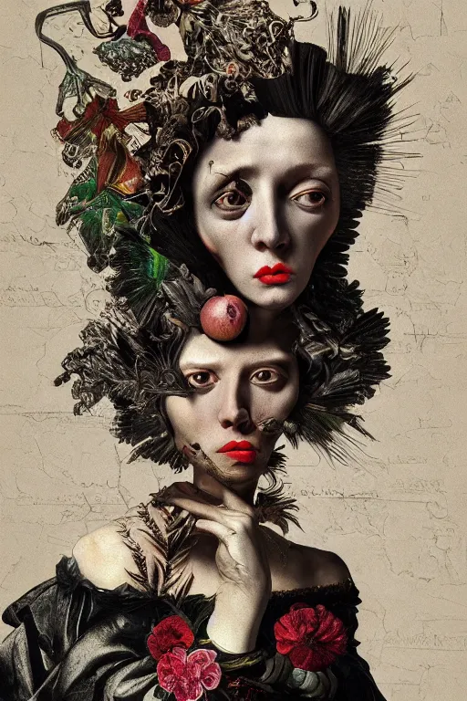 Image similar to Detailed maximalist portrait with large lips and with large, wide eyes, sad expression, HD mixed media, 3D collage, highly detailed and intricate, surreal, bone extra hands, illustration in the style of Caravaggio, dark art, baroque