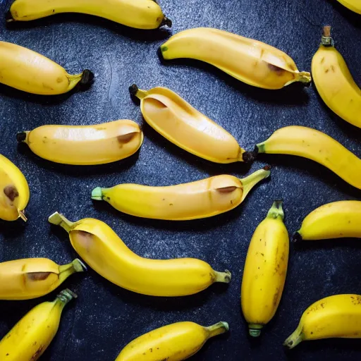 Image similar to professional photograph of banana ducks, peeled bananas with googly eyes and duck beaks