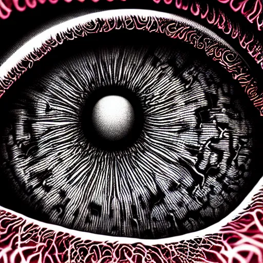 Image similar to a detailed extremely close up of inside the iris, cornea, red image, microscopic, extremely close up drawing by junji ito, cgsociety, generative art, lovecraftian, parallax, cosmic horror, extremely detailed, hyperrealism, unreal engine, octane render, award winning, masterpiece, highly detailed, realistic, 4 k, digital