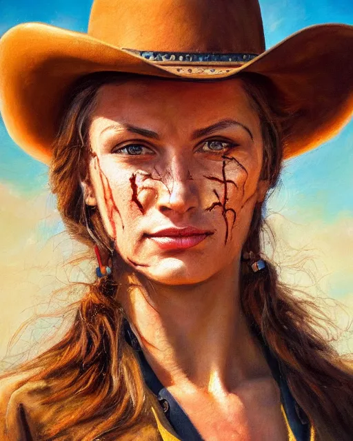 Image similar to oil painting portrait of cowgirl with small burn scar, high production value, intricate details, high resolution, hdr, high definition, masterpiece, realistic, ultrarealistic, highly detailed, hd, sharp focus, non blurry, sharp, smooth