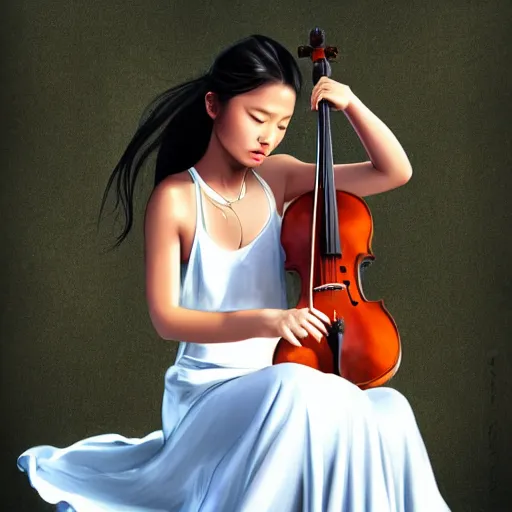 Image similar to a young asian girl in a white slip dress playing a cello in the sun by artgerm.