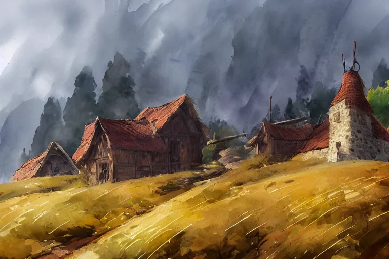 Image similar to paint brush strokes, abstract watercolor painting of rustic village fortress, pine trees, closeup, medieval straw roof, scandinavian viking age, fog, ambient lighting, art by hans dahl, by jesper ejsing, art by anders zorn, wonderful masterpiece by greg rutkowski, cinematic light, american romanticism by greg manchess, creation by tyler edlin