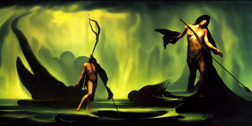 Prompt: Charon the ferryman of Hades, by Rolf Armstrong, dramatic lighting, high contrast colors, surrealism, panoramic view, as trending on Artstation, 4k,