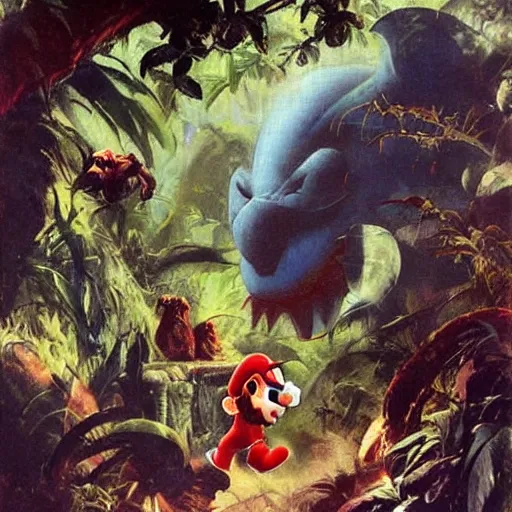Image similar to super mario lost in mystic jungle , oil painting by frank frazetta
