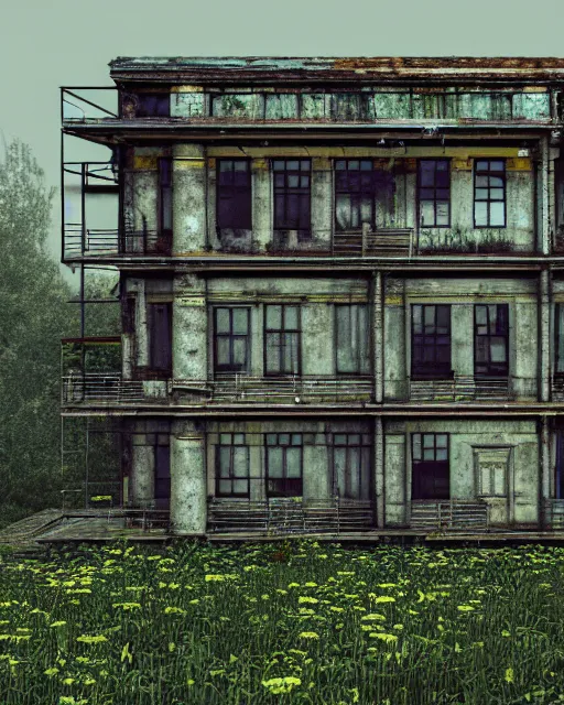 Prompt: a beautiful ultradetailed highly detailed house city nature industrial architecture urbex unfinished building by owen d. pomery, thermal imaging liberty city flowers, archdaily, wallpaper, highly detailed, trending on artstation.