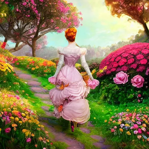Prompt: portrait of a victorian woman, running up a hill of exotic flowers in the candyland, giant multicolored lollipops, and gumdrops, exotic plants in the shape of candies, from behind, Castle in distance, birds in the sky, sunlight and rays of light shining through trees, beautiful, solarpunk!!!, highly detailed, digital painting by Michael Garmash and Peter Mohrbacher