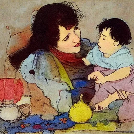 Image similar to this mixed mediart is beautiful because of its harmony of colors and its simple but powerful composition. the artist has created a scene of peaceful domesticity, with a mother and child in the center, surrounded by a few simple objects. the colors are muted and calming, and the overall effect is one of serenity and calm. by howard pyle ecstatic