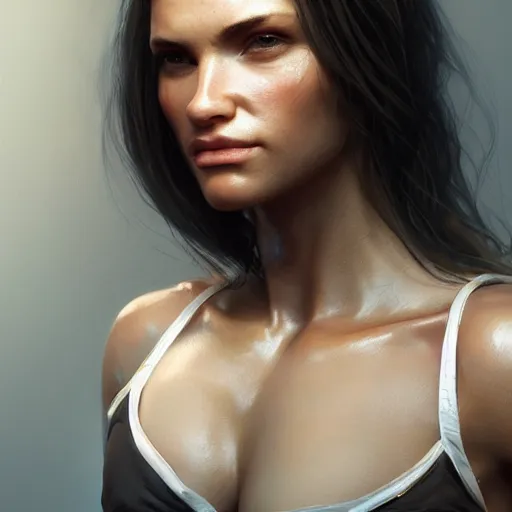 Image similar to a very beautiful woman with muscles, digital art, photorealistic, unreal engine, 8 k resolution, artstation, beautiful face, pretty face, very detailed eyes, by wlop, greg rutkowski, simon bosley