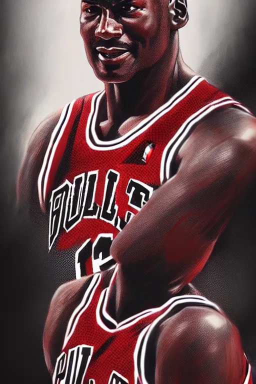 Image similar to michael jordan, manga cover art, detailed color portrait, artstation trending, 8 k, greg rutkowski