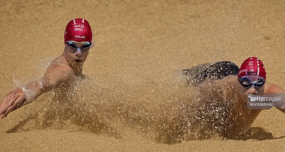 Image similar to olympic swimming in sand instead of water, extremely coherent, motion blur