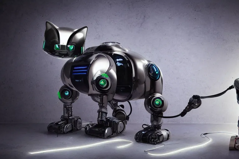 Image similar to a robot cat, cat robot, cat droid, cyborg cat, cyberpunk cat, futuristic cat robot design, industrial design with intrincate details of machinery and electricity, powerful machine, futuristic cat ai