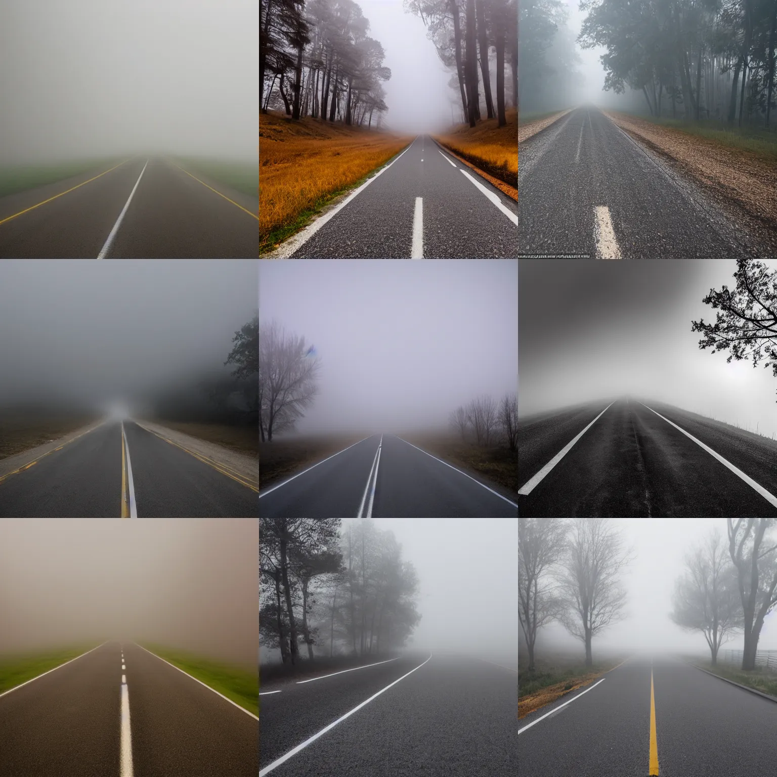 Prompt: An extreme long shot photo of a foggy deserted road, giant smiling cats barely visible on the fog, megalophobia, 1120mm lens
