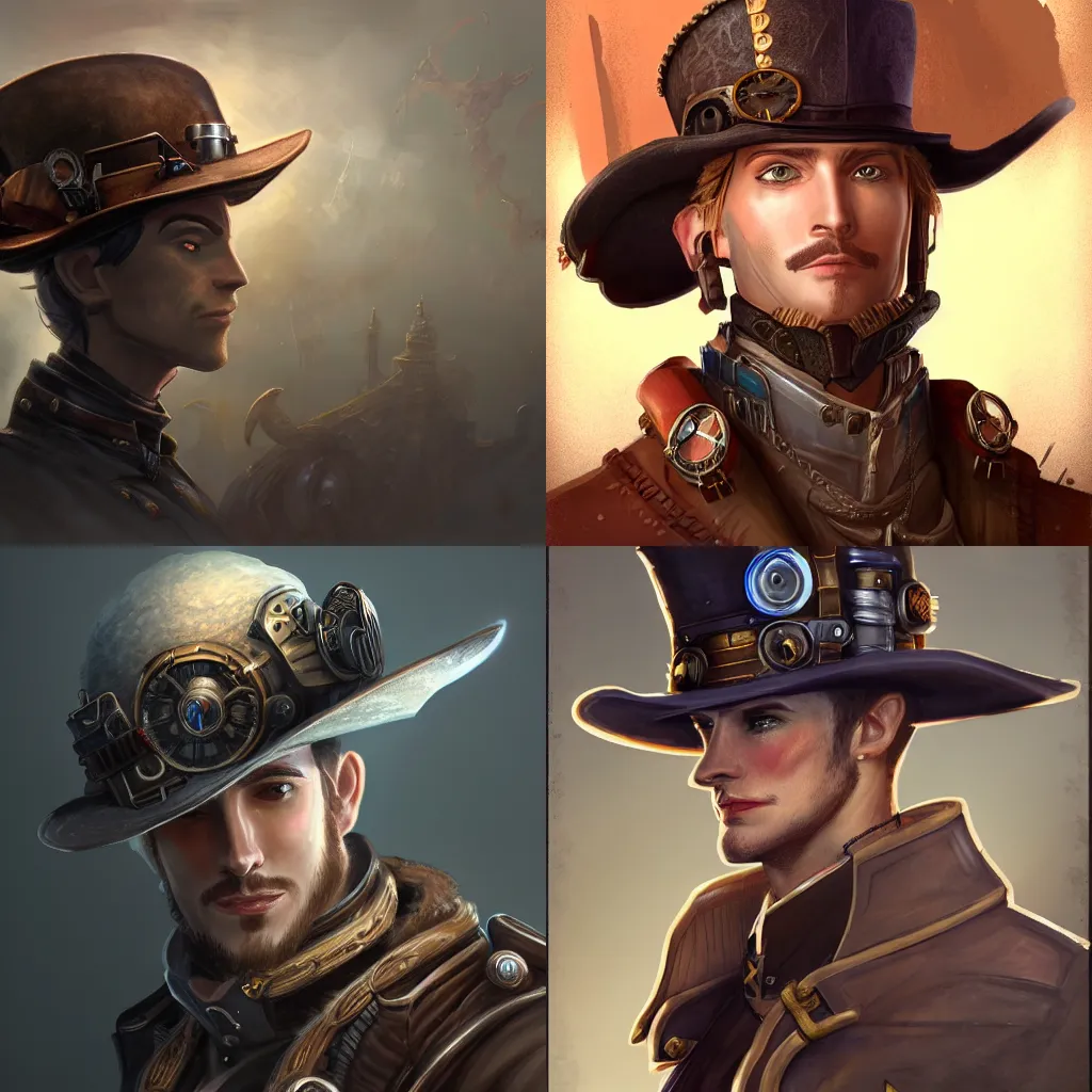 Prompt: a side-view portrait of a noble gunslinger male in hat in the center, steampunk spaceship on background, by tyler edlin and lindsey look, victorian, concept art, steam romance, adventure, detailed, 4k resolution, trending on artstation