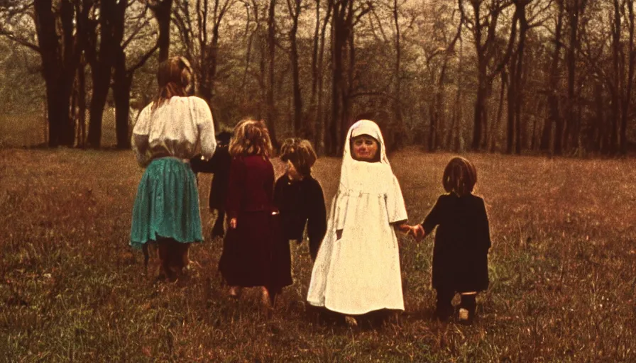 Image similar to 7 0 s film still from a horror movie starring amish children, kodachrome, cinecolor, cinestill, film grain, film texture, retro, cinematic, high resolution, photorealism,