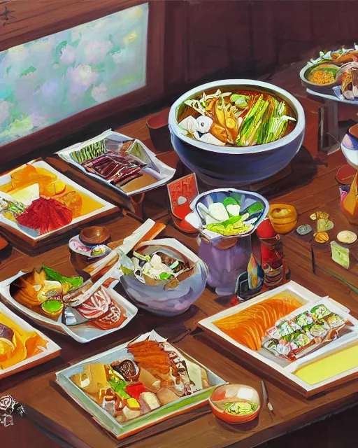 Image similar to a painting of a table full of japanese foods, concept art by taro yamamoto, pixiv contest winner, auto - destructive art, official art, concept art, pixiv